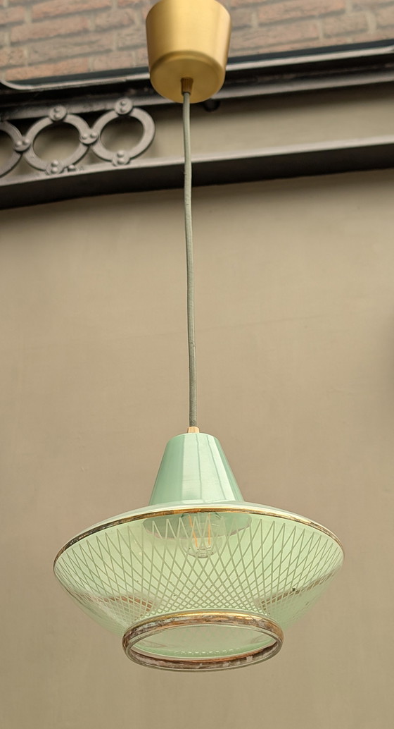 Image 1 of Franse Mintgroene hanglamp glas 60's