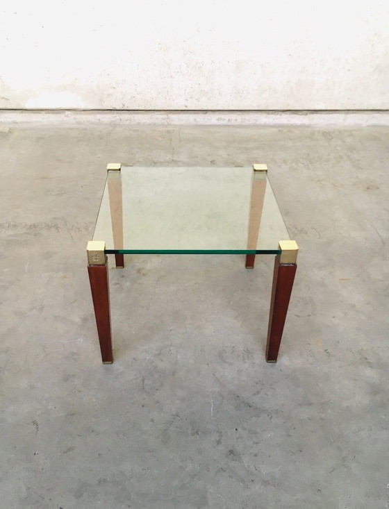 Image 1 of Tavolino laterale in ottone, legno e vetro dal design modernista di Peter Ghyczy, anni '80