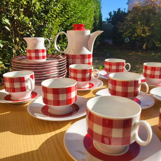 Vichy red and white checkered coffee/tea set, 1960-70, KRONESTER BAVARIA, Crockery, Porcelain, Vintage (photo 6 of 15)