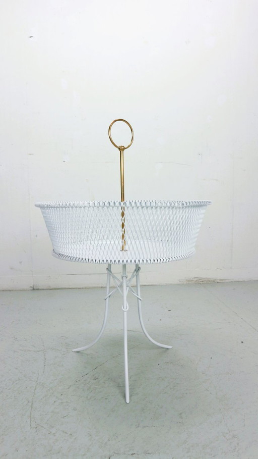 Jardinière ou vasque vintage en métal blanc et laiton, France 1960s