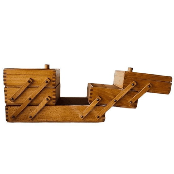 Image 1 of Scatola da cucito pieghevole in legno di metà secolo, scatola artigianale di design danese, anni '60