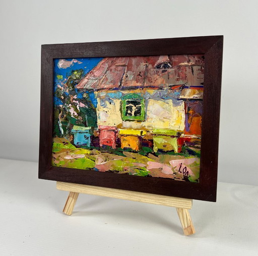 Original Oil Painting Village House Landscape Spring is coming to the yard