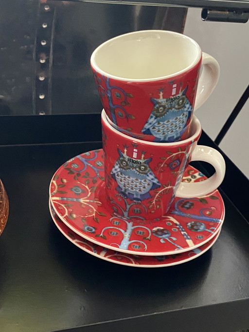 2 tasses à expresso et soucoupes hibou Iittala Taila rouges