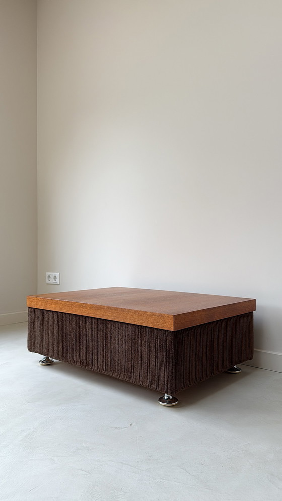 Image 1 of Coffee table with brown rub fabric, wooden top and chrome legs