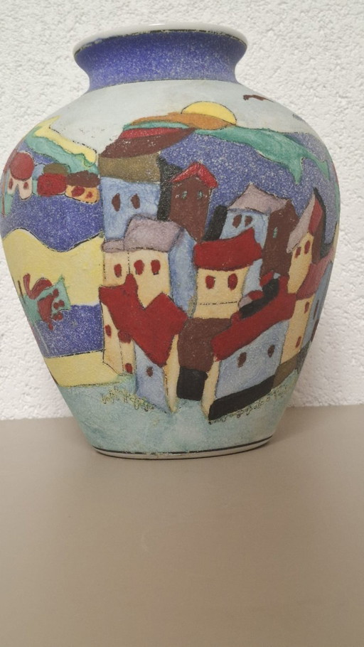 Hand-Painted Ceramic Vase – Colorful Village Scene – Signed Limosse