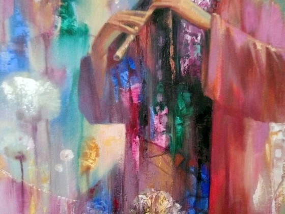 Original Oil Painting Abstract Figurative Girl Flowers Evening Melody – Paintings & Drawings, Canvas (photo 5 of 13)
