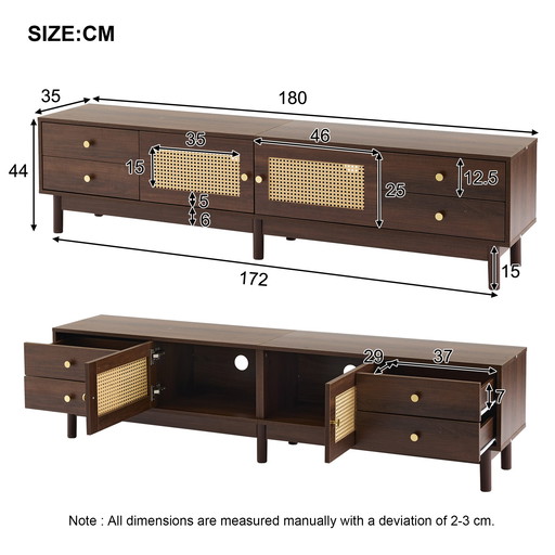 Vintage Style Walnut Wood Effect TV Stand With 2 Rattan Doors, 4 Drawers