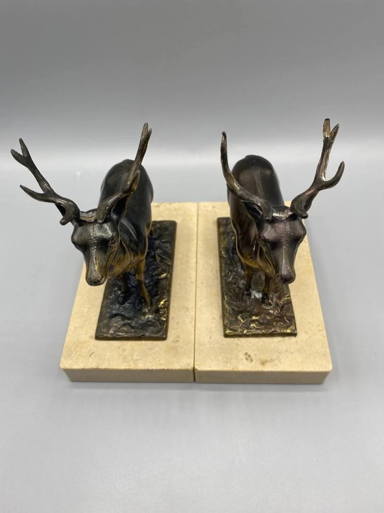 2 Bronzed Spelter Deer Bookends on Marble Base, Art Deco Animal – Sculpture (photo 4 of 8)