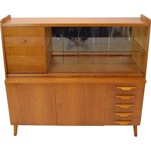 Mobiletto vintage in rovere e vetro, Cecoslovacchia 1960