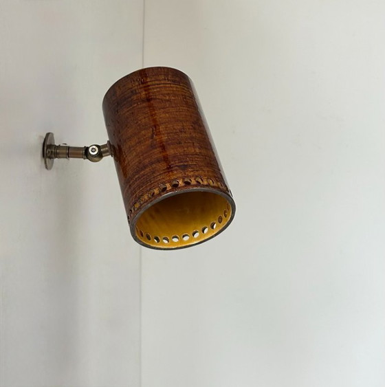 Image 1 of Vintage verstelbare wandlamp, messing en bruin keramiek, Frankrijk, 1980