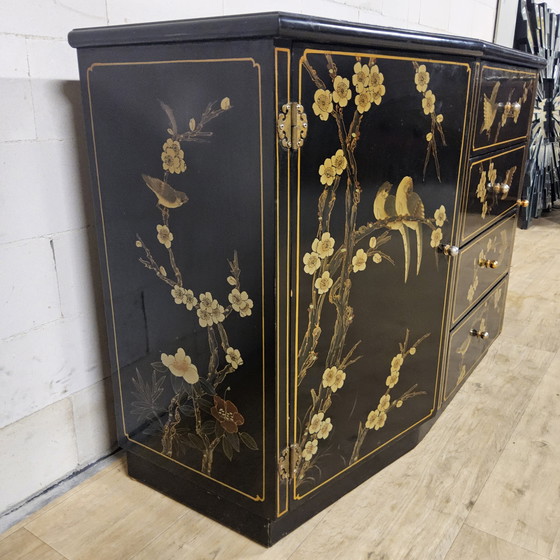 Image 1 of Vintage Chinese Sideboard / Lacquer Cabinet (Black / Birds) Bohemian / Oriental Chest of Drawers