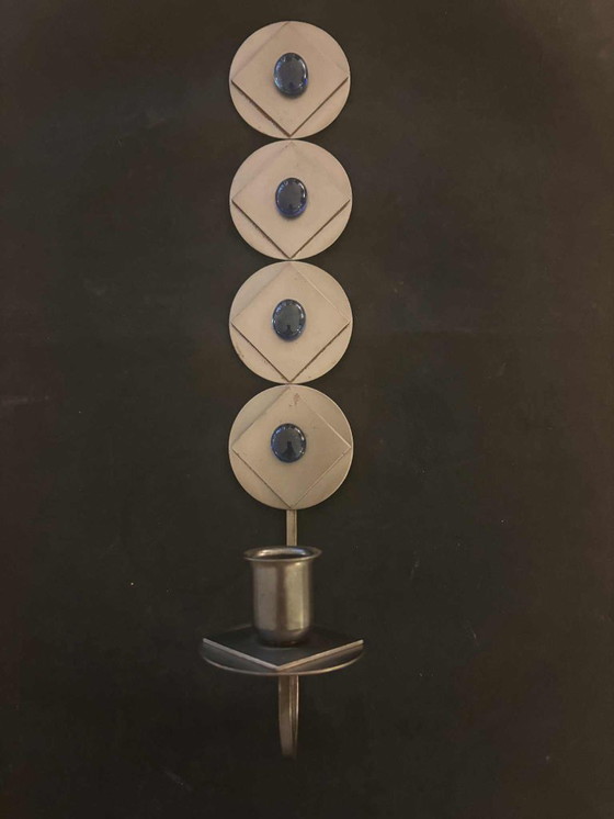 Image 1 of Raro portacandele da parete brutalista/industriale scandinavo con cabochon in vetro blu, Svezia c.1960