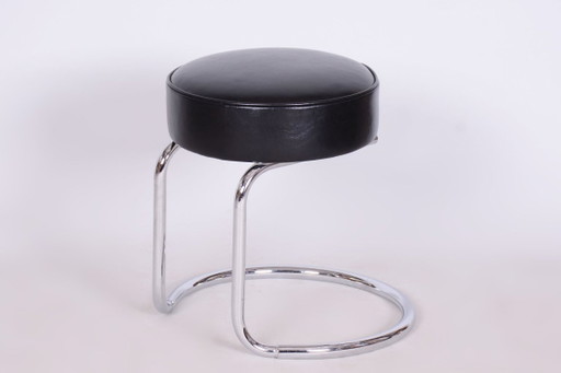 Sgabello Bauhaus restaurato, acciaio cromato, pelle, ceco, anni '50 – krukjes, Leather, Metal