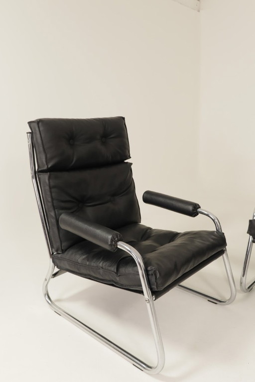 Canapé Bauhaus 2+2 en cuir et chrome. 1974 Gillis Lundgren pour Ikea, état d'origine