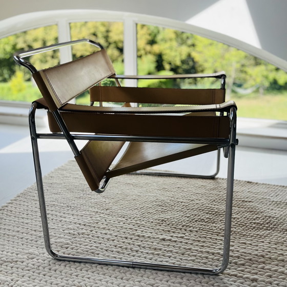 Image 1 of Vintage replica design stoel met tuigleer en buisframe - in redelijke staat