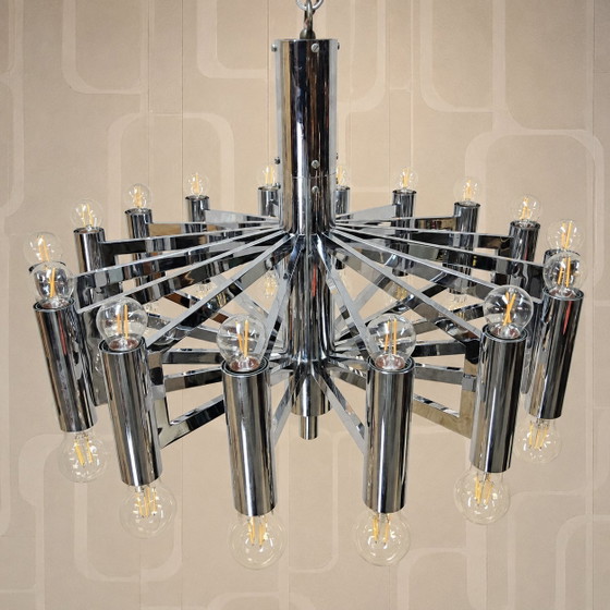 Image 1 of Vintage Large Chrome Italian Space Age Pendant Lamp Gaetano Sciolari (Sputnik Lamp)
