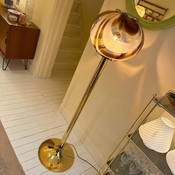 Image 1 of Italian Murano amber swirl glass globe floor lamp on brass base
