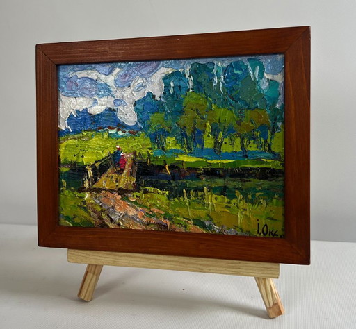 Original Oil Painting Summer Bridge Landscape To the other side