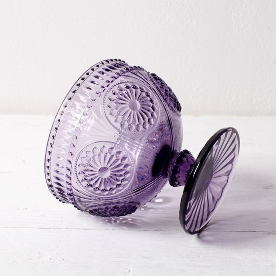 Image 1 of Ciotola con piedistallo in vetro pressato color ametista viola Godinger – Vintage USA anni 2000