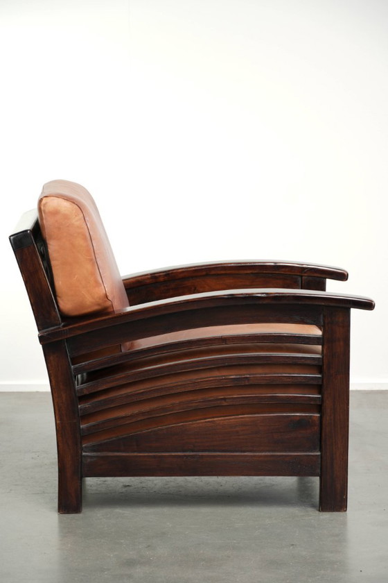 Elegant cowhide armchair with beautiful details in timeless Art Deco design – Leather, Klassiek (photo 3 of 12)