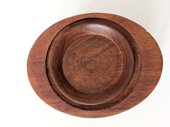 Image 1 of Midcentury Teak Coffee Canister with Brass Inlay Letters, Danish Modern Wooden Storage Jar