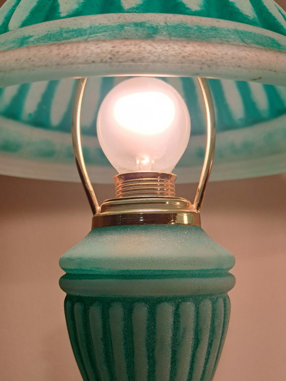 Image 1 of 🔵🟡 2 Vintage Glass & Brass Table Lamps – Turquoise – Excellent Condition