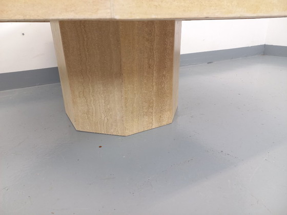 Image 1 of Vintage octagonal travertine coffee table with geometric pattern from the 70s and 80s