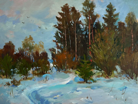 Image 1 of Original Oil Painting Snowy Trees Landscape Path in the winter forest