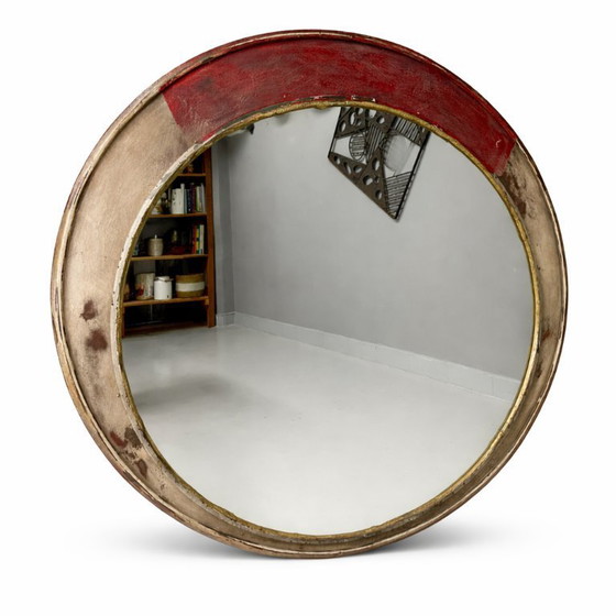 Image 1 of Vintage Round Mirror Distressed Painted Frame 1970s Europe