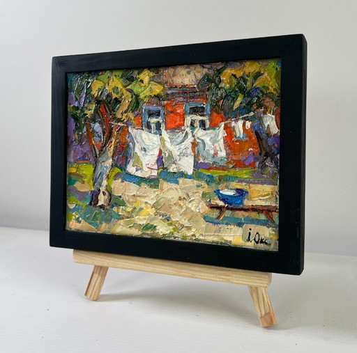 Original Oil Painting Summer Village Landscape Clothes are drying