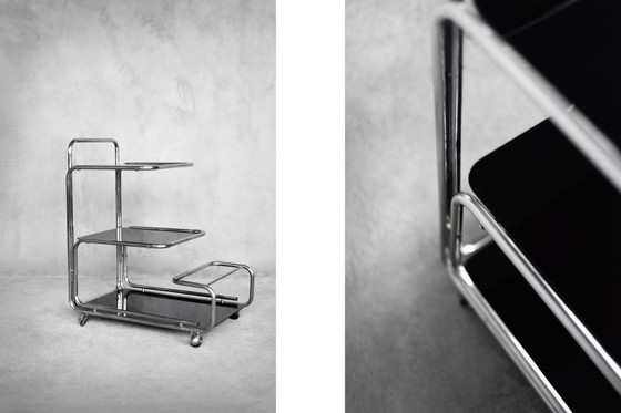 Image 1 of Vintage Mid-Century German Modern Bauhaus Chrome & Glass Serving Trolley or Bar Cart, 1960s