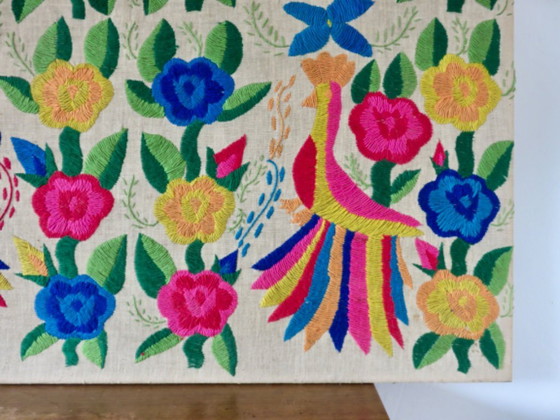 Image 1 of Large Mexican tapestry "otomi tenango", colorful flowers and birds, 1970