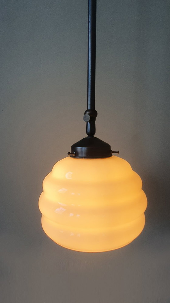 Image 1 of Long Vintage Art Deco Rose Opaline pendant lamp - hanging lamp