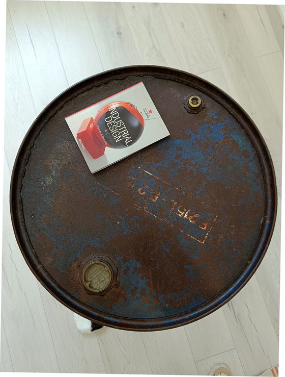 Image 1 of side table made from recycled drum -raw  & graphic design