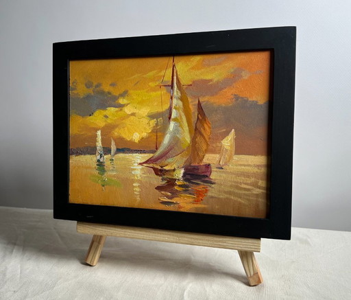 Original Oil Painting Sea Evening Landscape In the evening at sea