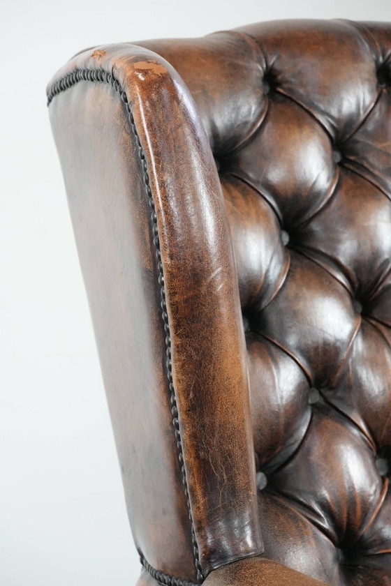 Image 1 of Unique large English-style sheepskin Chesterfield wing armchair