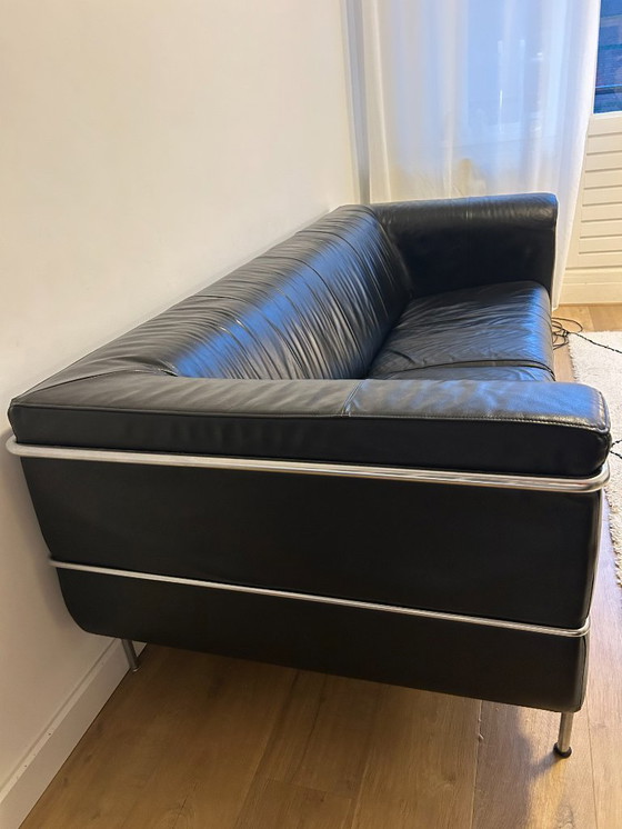 Image 1 of 1x Harvink Negro Sofá de tres plazas - Cuero, acero inoxidable (210x90x 70cm)