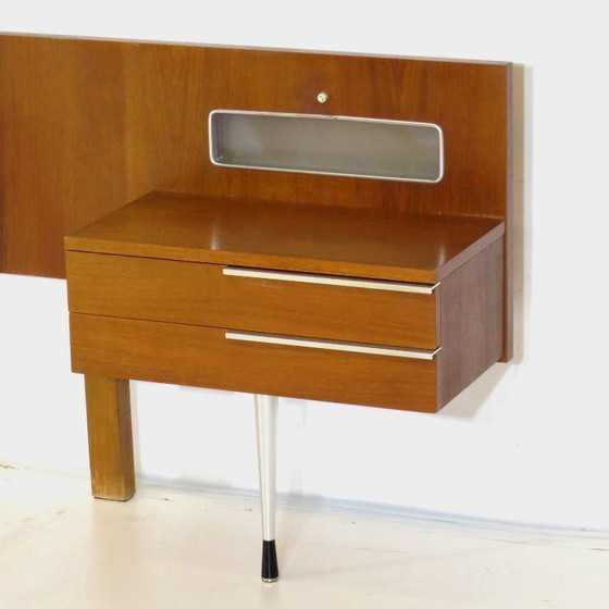 Image 1 of Vintage teak headboard with bedside tables and lighting, 1960s