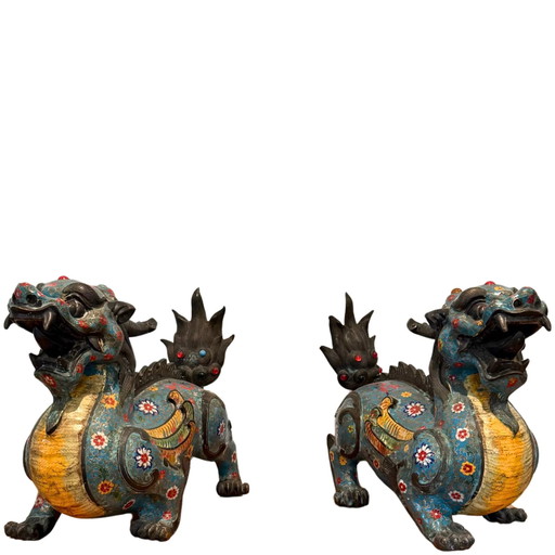 Coppia Monumentale di Pixiu Cinesi Antichi – Bronzo & Cloisonné – Tardo Qing