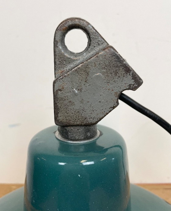 Image 1 of Industrial Petrol Enamel Factory Lamp with Cast Iron Top, 1960s