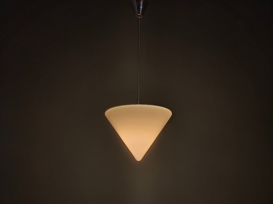 Image 1 of Art Deco Style Pendant Light, Chrome & Milk Glass, 1970s