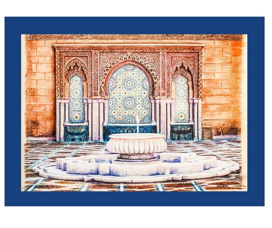 Image 1 of Drawing. Painting. Arabic font. Islamic art. Arabic art. Arabic architecture. Fountain. New.