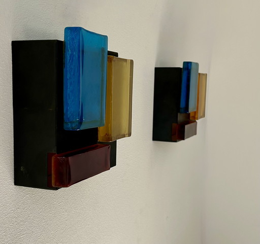 Paire d’Appliques Vintage, Métal Noir Mat et Pâte de Verre, France 1960