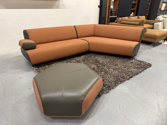 Image 1 of Leolux Guadalupe Corner Sofa with Hocker Tiempo fabric Green leather