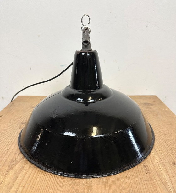 Image 1 of Industrial Black Enamel Factory Lamp with Cast Iron Top, 1960s