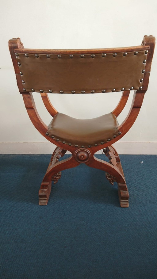 Sedia antica Dagobert, in stile Savonarola, con rivestimento in pelle. – stoelen fauteuils, Leather, Wood (photo 2 of 5)
