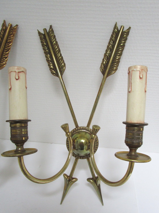 Image 1 of Paar Bronzen Pijl Wandlampen Lucien Gau