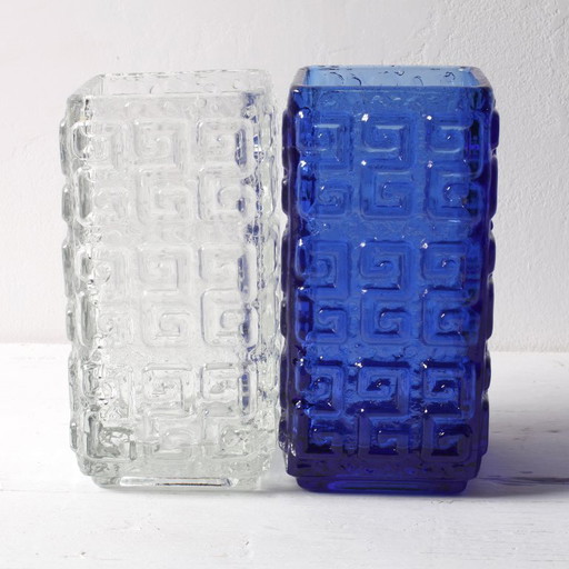 Set of 2 Mid-Century Cobalt Blue & Clear Glass Vases Taalari / Tamara Aladin / Finland / 1969