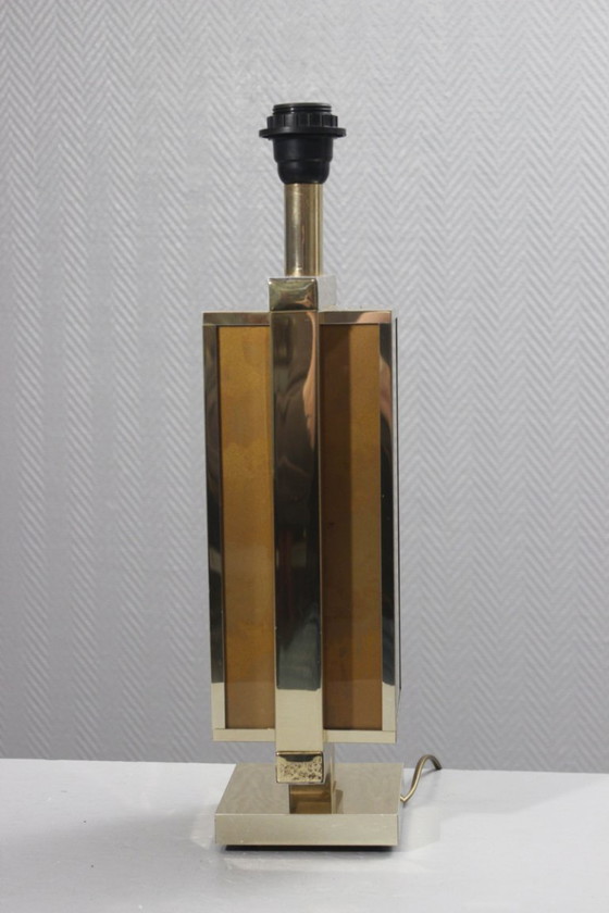 Image 1 of Philippe Cheverny - Grote messing lampvoet met omgekeerd beschilderd glas, Frankrijk, jaren 70