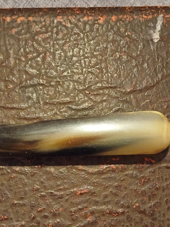 Verzameldoos uit 1920 van runderhoorn met gebeitelde messing sluiting, Thiers Cutlery, Frankrijk (photo 8 of 11)